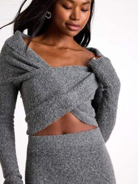 Lulus Alfina Grey Knit Cross-front Cropped Sweater Top - Size S